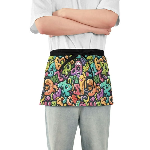 Funny Characters Server Apron with 3 Pockets Waterproof Waitress Waist Short Apron for Man Woman 12 Inches
