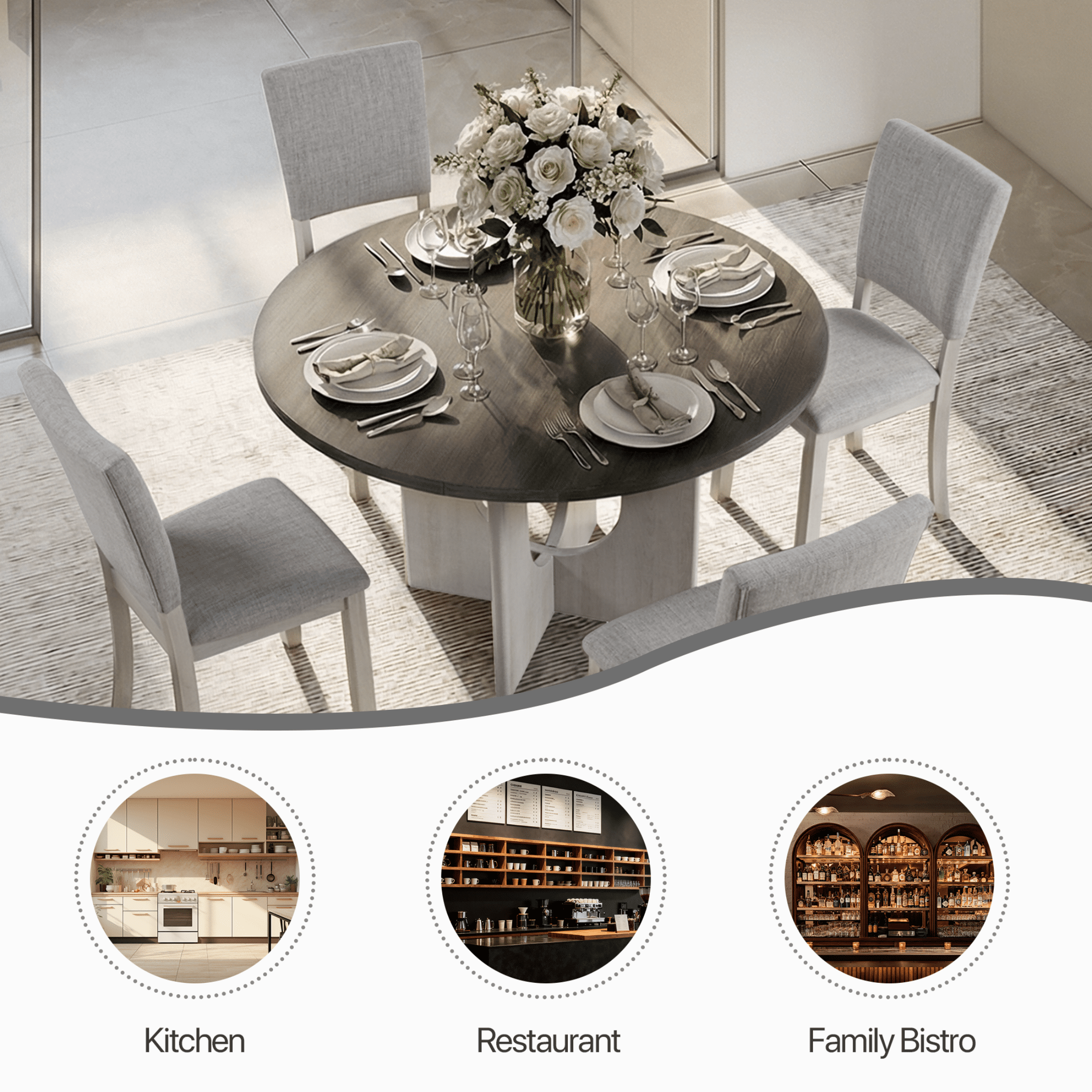 Aukfa Farmhouse Wood Light Gray Upholstered Round Dining Set, 5-Piece