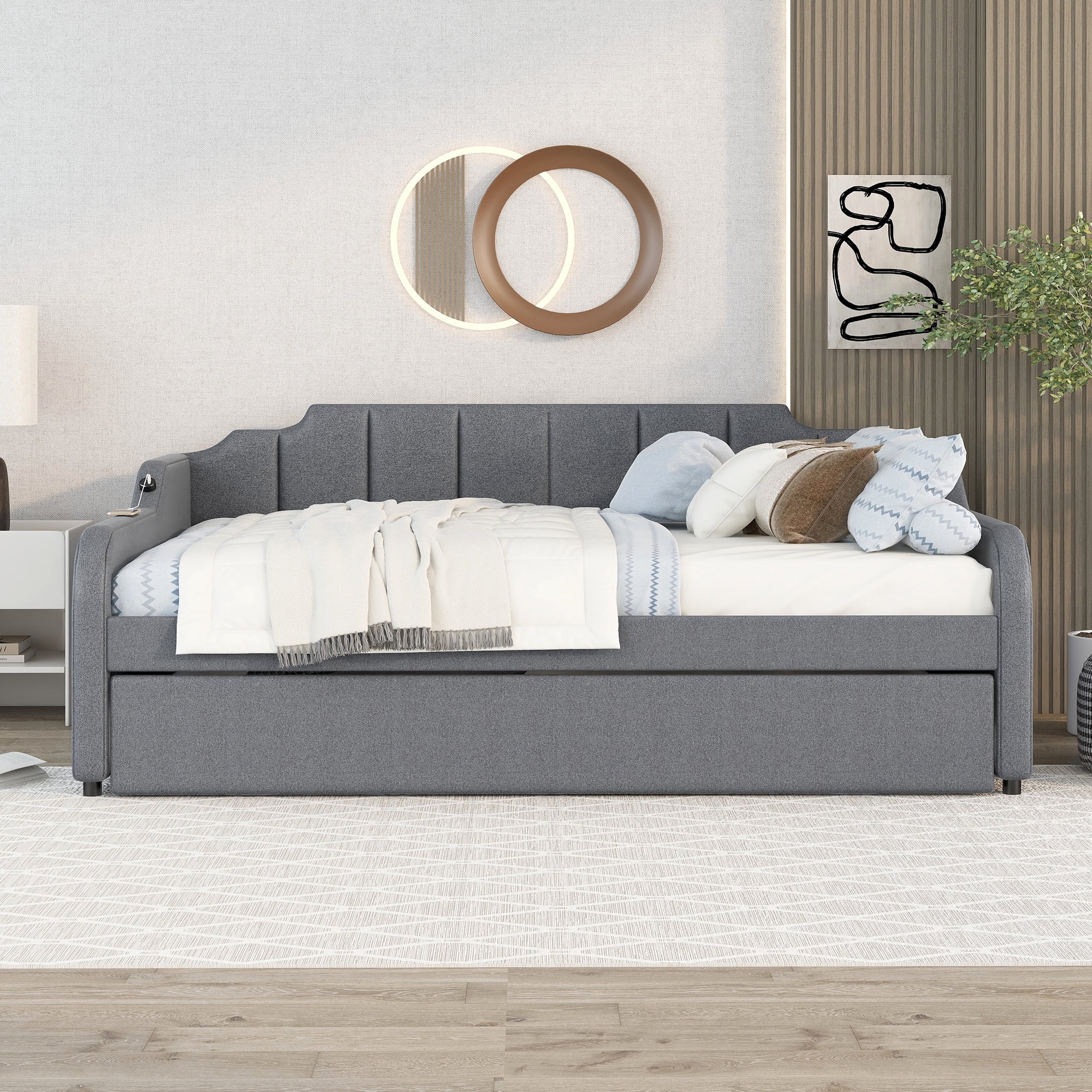 Alvantor Twin Size Daybed with Trundle, Wood Sofa Bed With USB Port for Living Room Bedroom, Gray