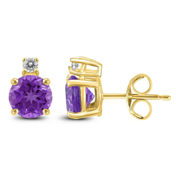 SZUL Women's 14K Yellow Gold 5MM Round Amethyst and Diamond Earrings