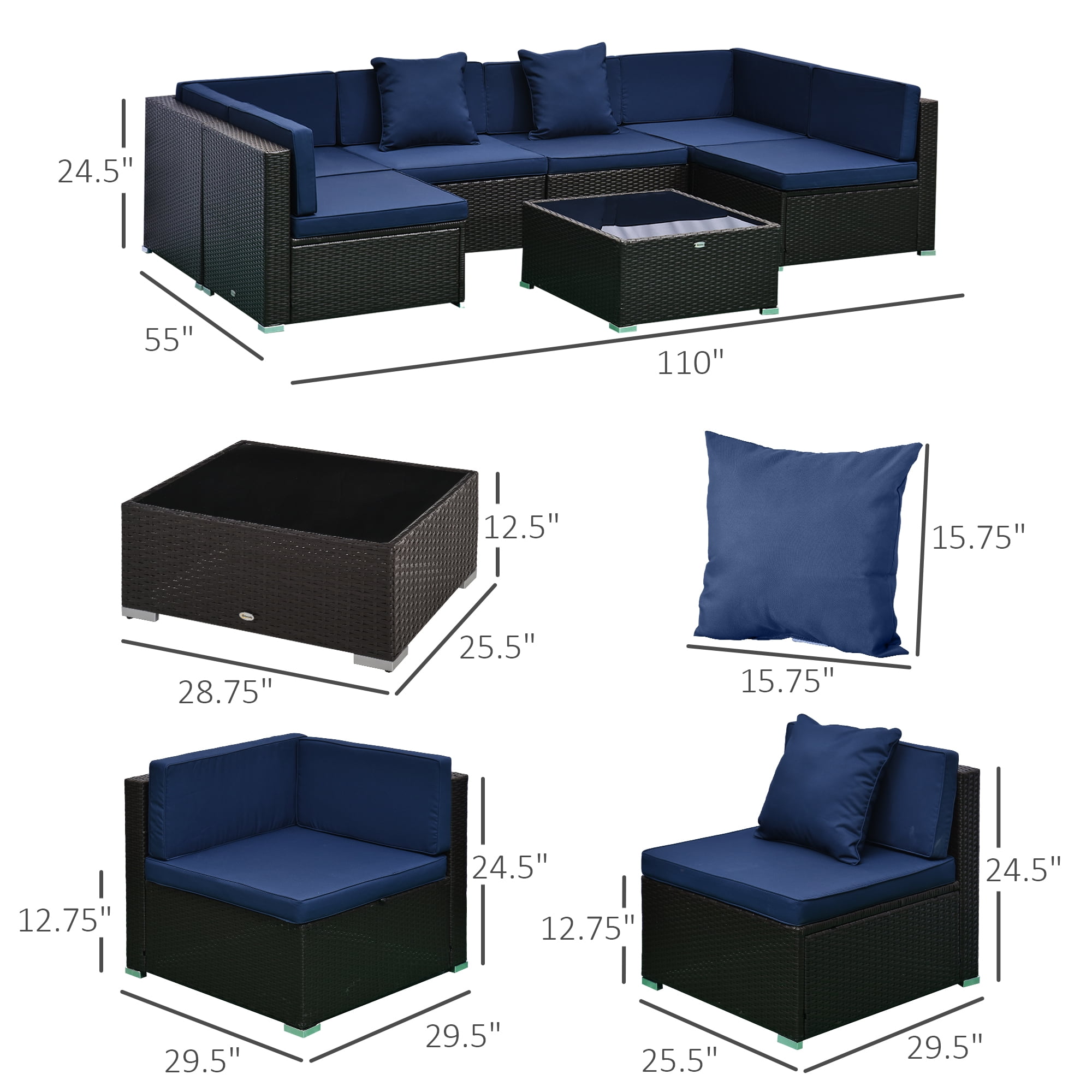 Outsunny 7 Piece Outdoor Patio Furniture Set, PE Rattan Wicker Sectional Sofa Set with Couch Cushions, Pillows, Coffee Table, Blue
