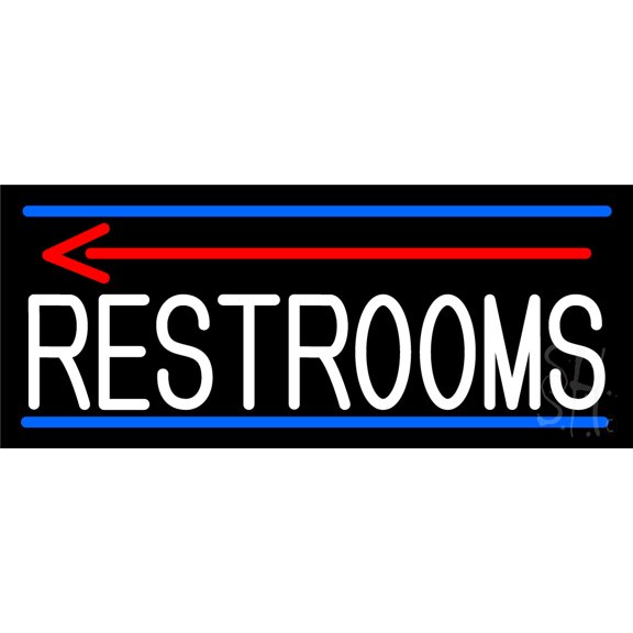 Restrooms And Arrow LED Neon Sign 10 x 24 - inches, Clear Edge Cut Acrylic Backing, with Dimmer - Bright and Premium built indoor LED Neon Sign for Bar decor.