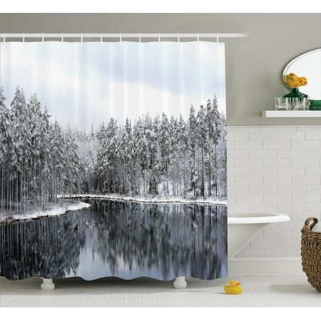 Woodland Decor Lake Surrounded By Snow Covered Trees On A Cold Winter Day In Finland Reflections Bathroom Accessories 69w X 84l Inches Extra Long Woodland Decor Lake Surrounded By Snow Covered Trees On A Cold Winter Day In Finland Reflections Bathroom Accessories 69w X 84l Inches Extra Long