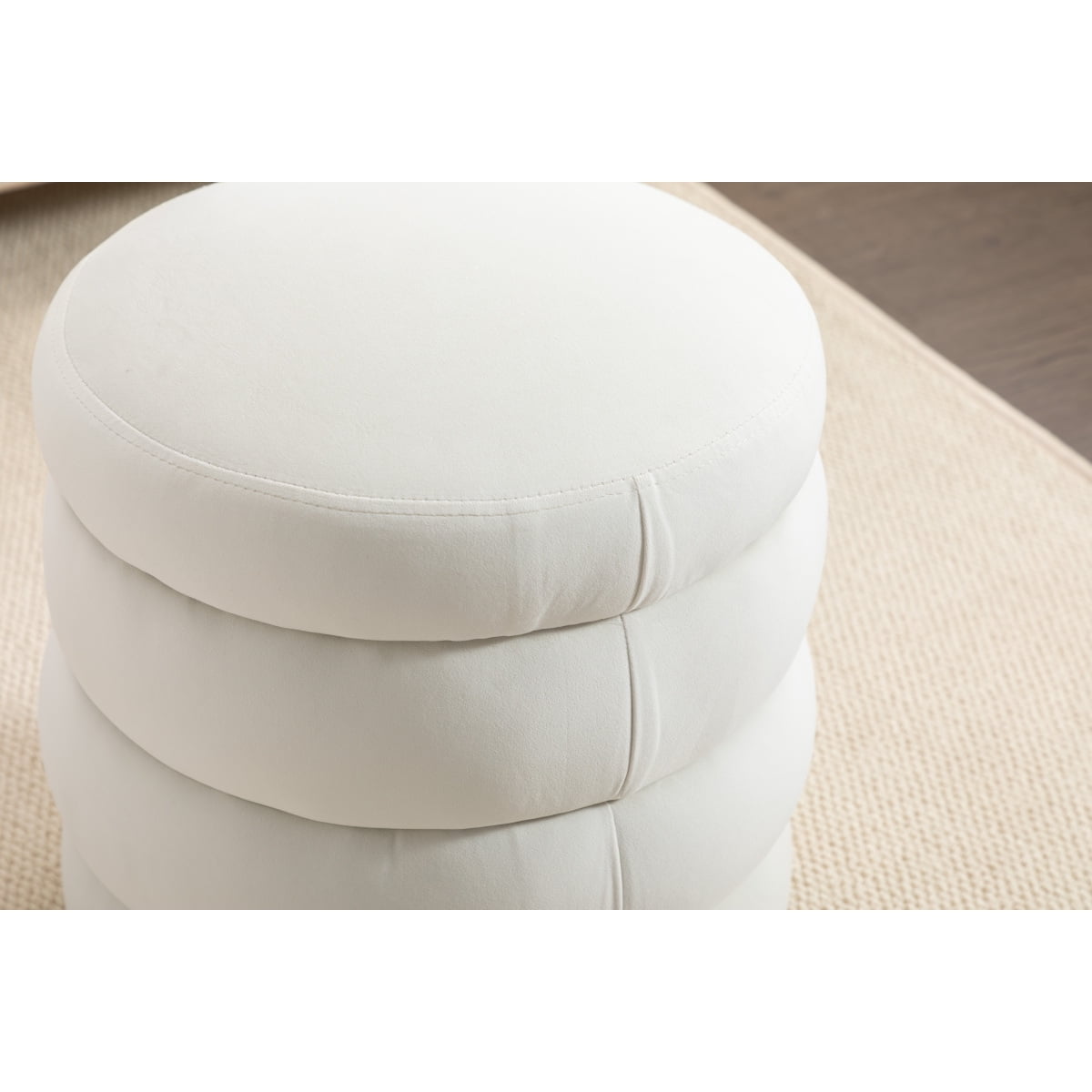 006-Ivory Soft Velvet Round Ottoman Versatile Footrest Stool for Living Room Bedroom