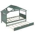 thumbnail image 5 of Twin Size House Bed with Trundle, Modern Montessori Bed with Open Shelf, Wood Bed Frame with Headboard and Roof, for Bedroom, Dorm, Green, 5 of 9