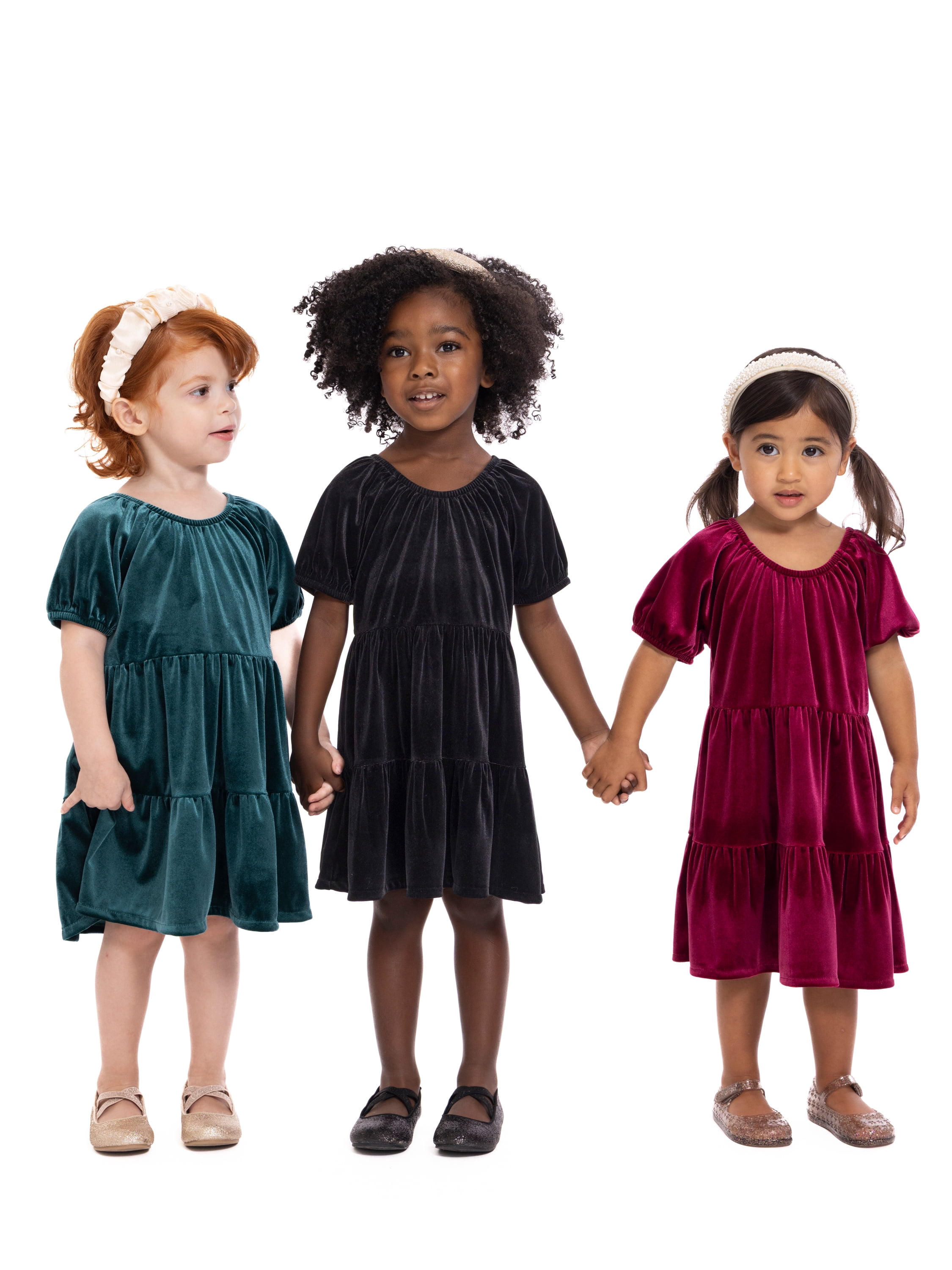 Wonder Nation Toddler Girls Tiered Velvet Dress with Puff Sleeves, Sizes 12M-5T