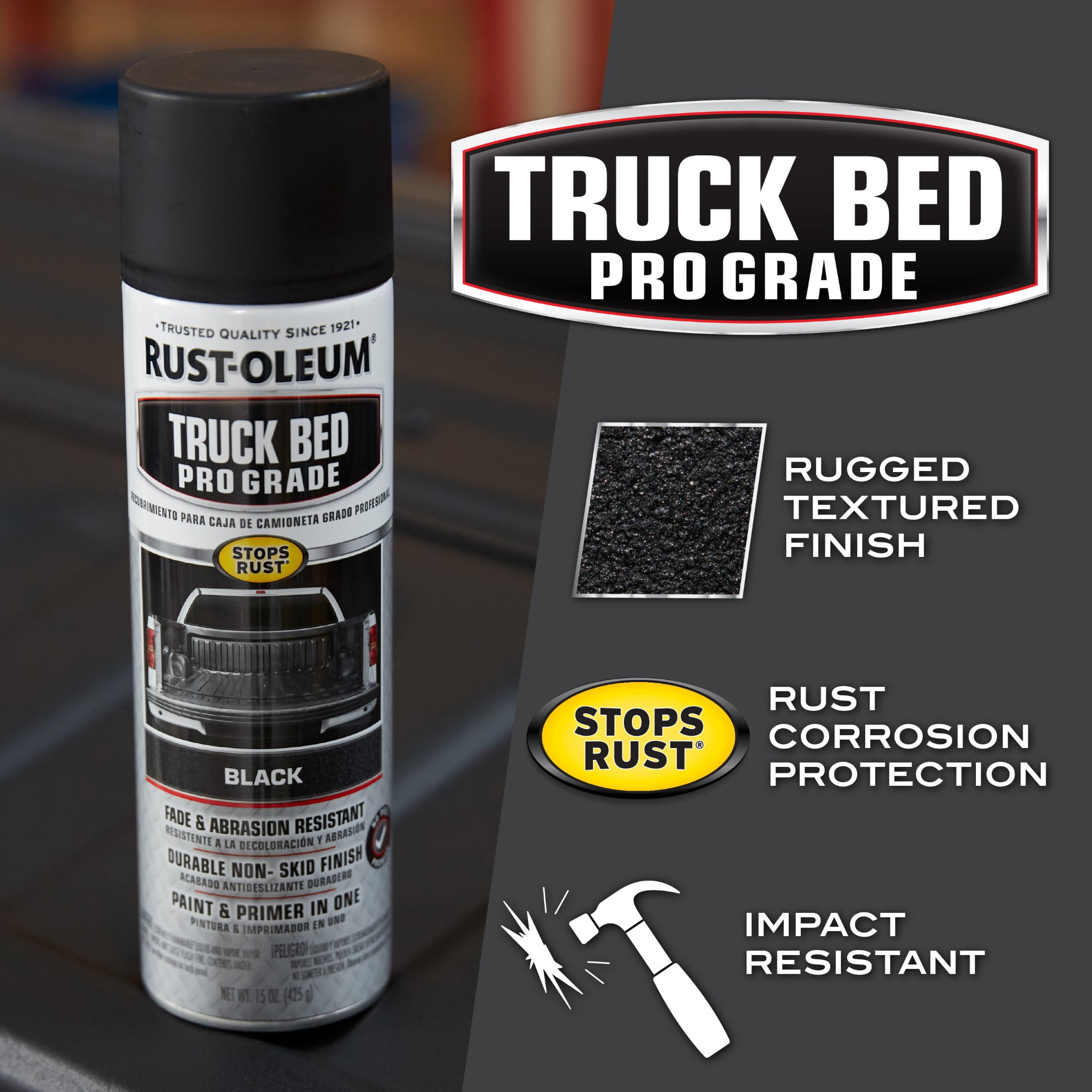 (2 pack) Black, Rust-Oleum Automotive Professional Grade Truck Bed Coating Flat Spray Paint & Primer in One-272741, 15 oz