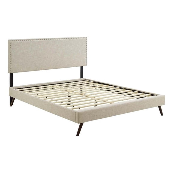 Maklaine Fabric Queen Platform Bed with Round Splayed Legs in Beige
