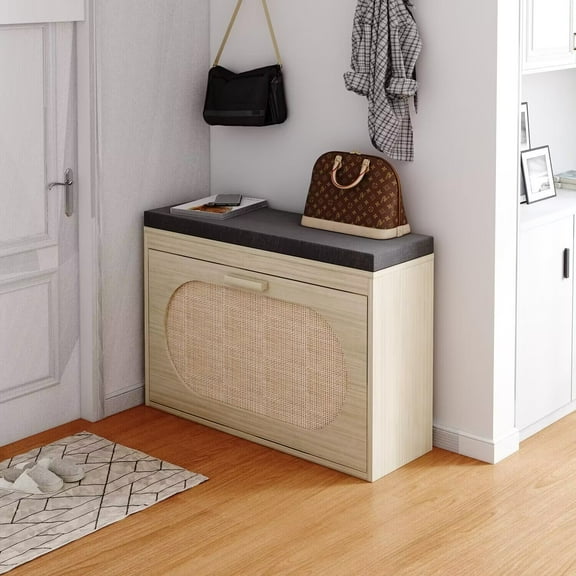 Zimtown Hallway Shoe Bench Entryway Shoe Cabinet Shoe Rack Organizer with Flip-Drawer and Seat Cushion, Natural Rattan