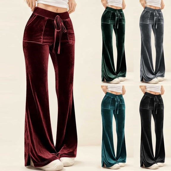 FRSASU Womens Velvet Wide Leg Pants Solid Casual Elastic Waist Straight Leg Stretchy Loose Long Pants with Pockets Red
