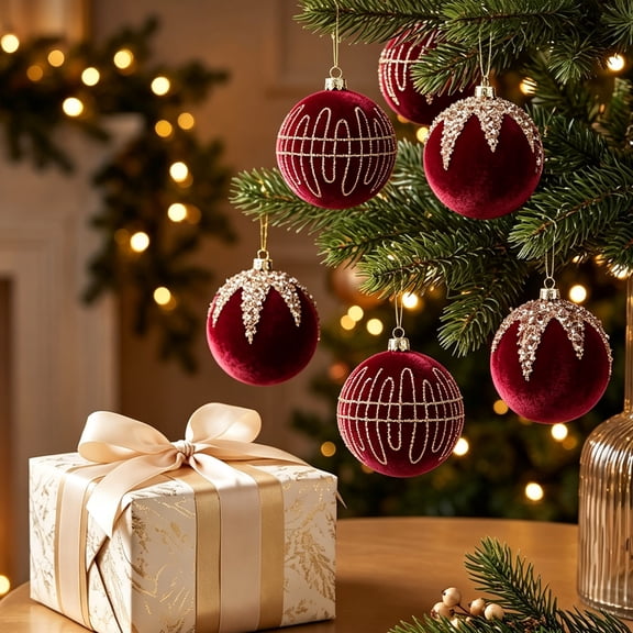 6 Pcs Red Flocked Christmas Baubles Ornaments for Tree, Holiday Party Home Decor