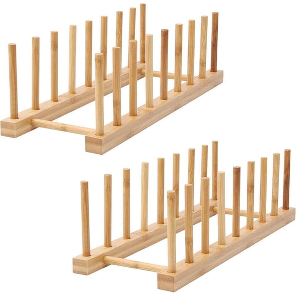 8-Slots Wooden Dish Rack Storage Organization Plate Rack Stand Pot Lid Holder Kitchen Cabinet Organizer