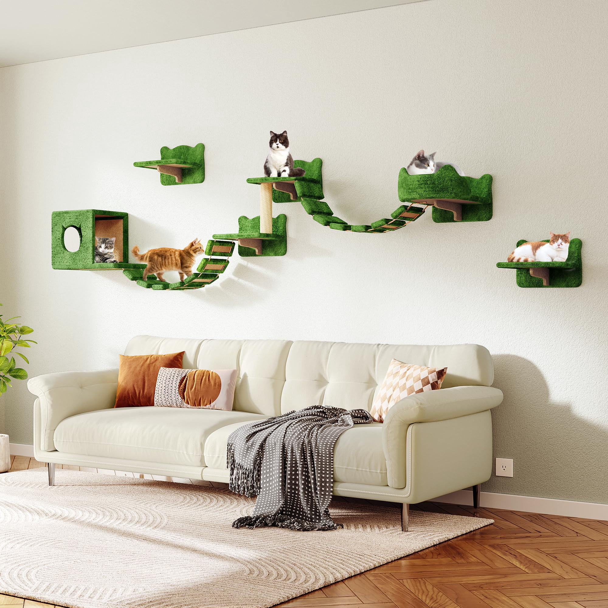9-in-1 Cat Wall Shelves  Multi-level Mounted Cats Furniture Set With Plush Fabric Floor Space-saving Wooden Climbing Systems Bridge Ladder Condos Green