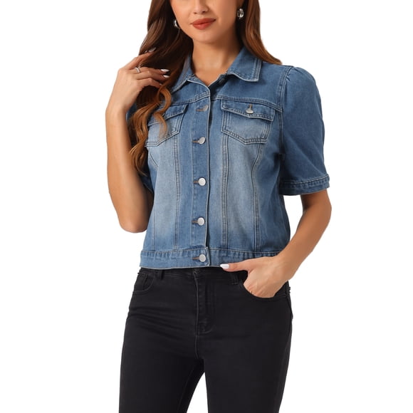 Casual Jean Jacket for Women's Short Puff Sleeves Button-Down Denim Jacket XL Medium BLue
