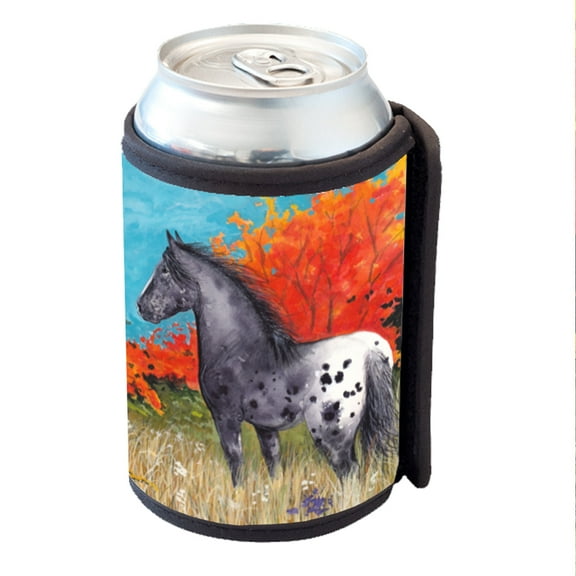 KuzmarK Insulated Drink Can Cooler Hugger - Black Blanket Appaloosa in Autumn Horse Art by Denise Every
