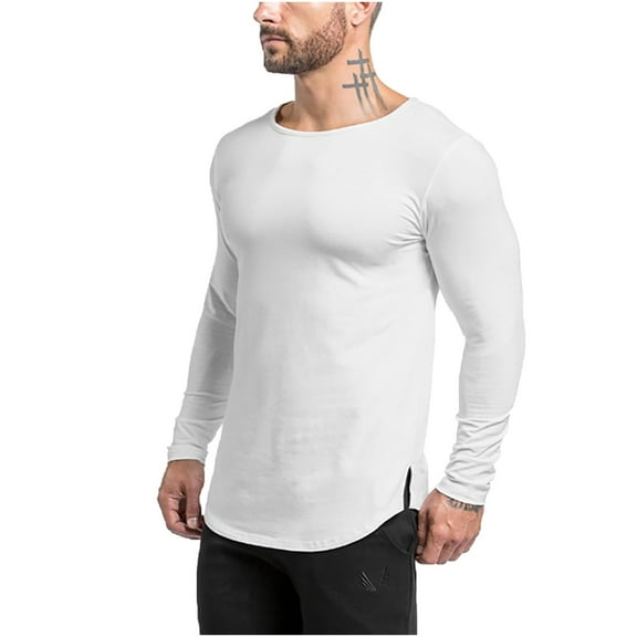 tarylea Fall Tops for Men Long Sleeve Scoop Neck Split Curved Hem Shirts Casual Comfy Lightweight Workout Tops
