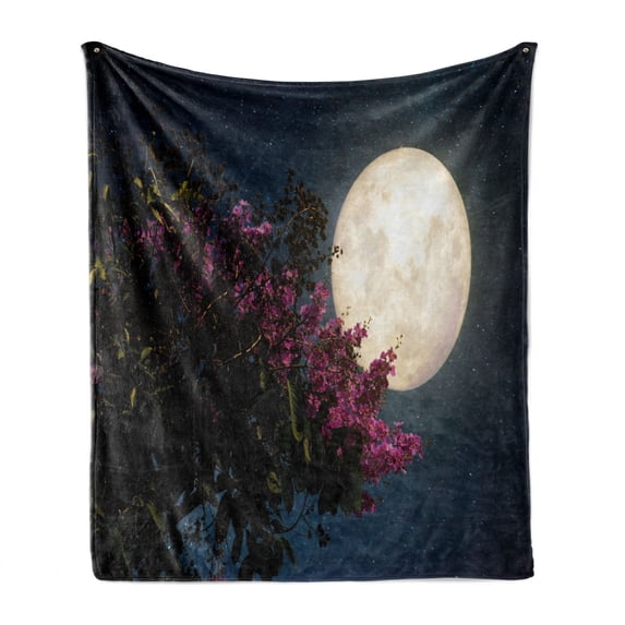Moon Soft Flannel Fleece Throw Blanket, Cherry Blossom Stars from Milky Way Eastern Night Sky Celestial Body, Cozy Plush for Indoor and Outdoor Use, 50" x 70", Magenta Ivory Dark Blue, by Ambesonne