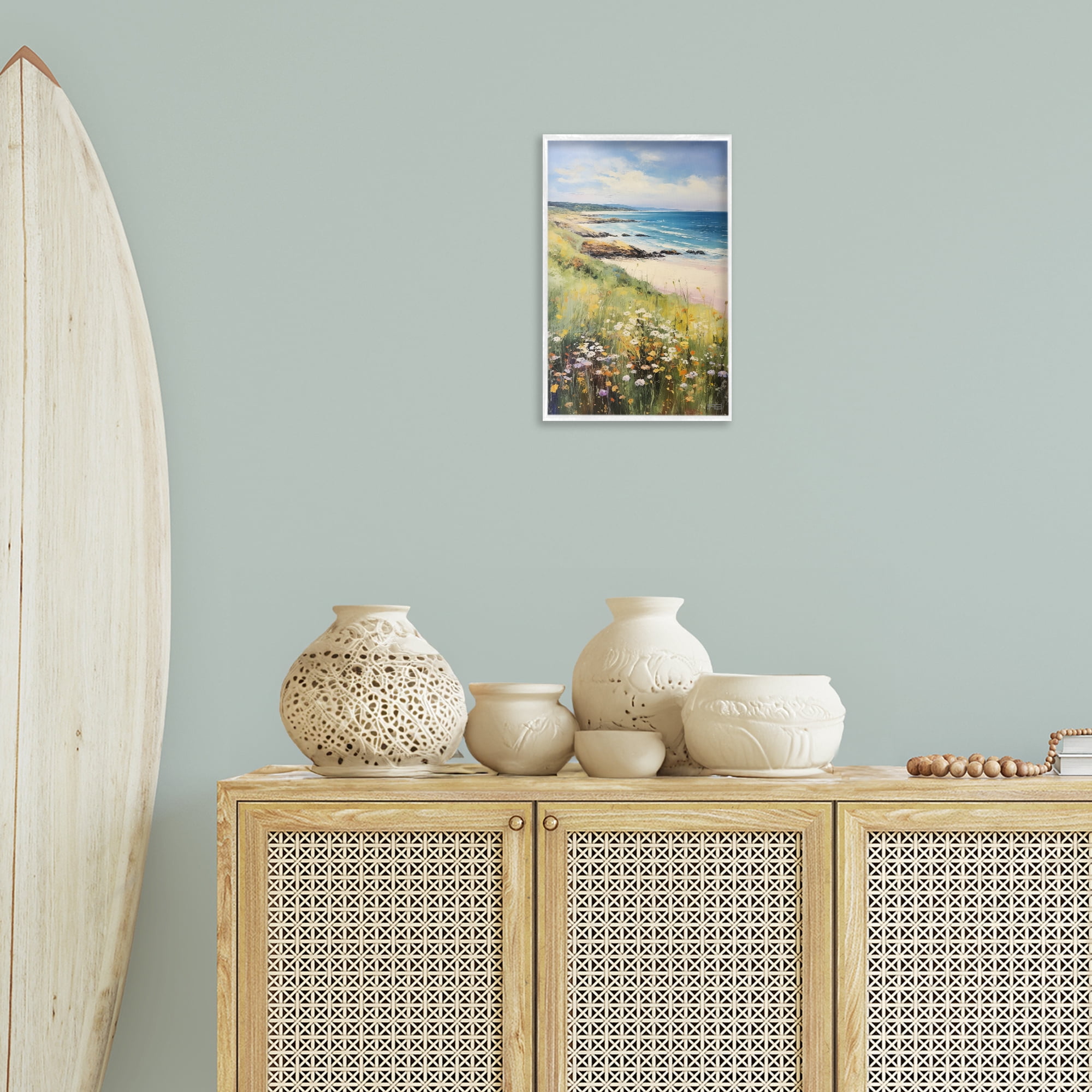 Stupell Industries Meadow Beside Beach Landscape Painting White Framed Art Print Wall Art, 12 x 18