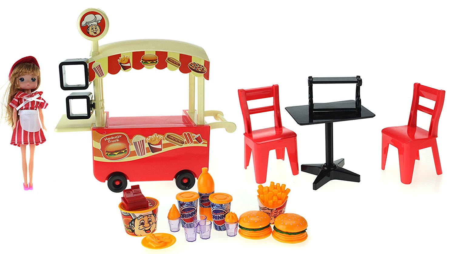 My Cute Fast Food Cart Toy Fast Food Hamburger Outdoor Cart w/ Cart, Chairs, Table, Utensils