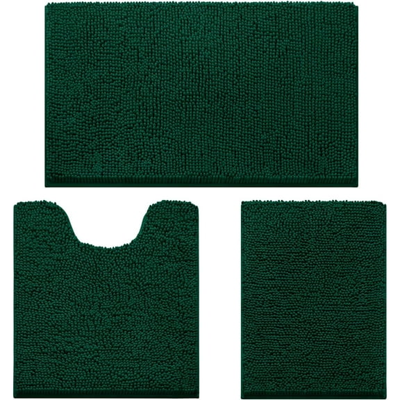 LKIFFA-3 Pieces Bathroom Rugs, Ultra Soft Non Slip Absorbent Chenille Toilet Bath Mat Set (Dark Green)