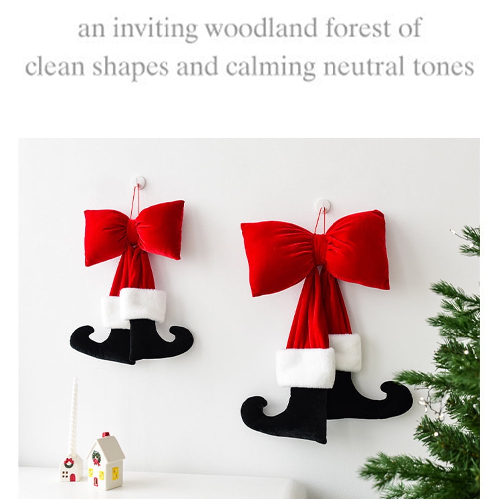 Yucurem Christmas Tree Red Velvet Bow with Santa Legs Hanging Ornaments, 3D Plush Stuffed Christmas Bowknot Pendant for Xmas Tree Garland DIY Craft Wrapping Wall Decor (8.66 in)