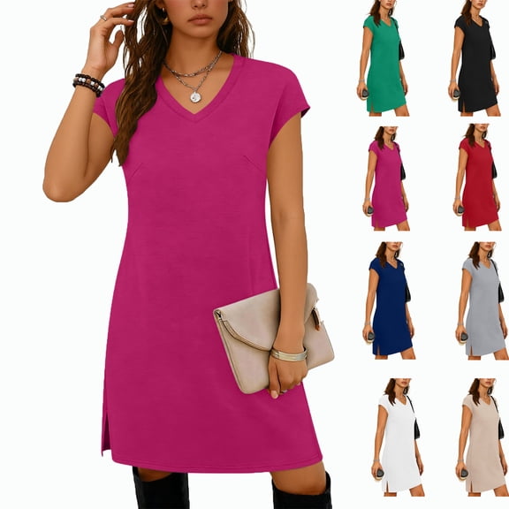 Elvqul Womens Dresses Short Sleeve Mini Dresses V Neck Hot Pink Summer Solid Dresses for Juniors