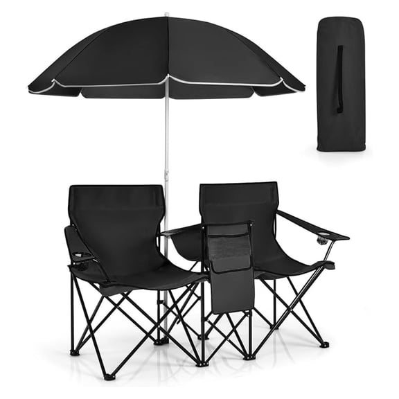 Double Camping Chair with Canopy, Folding Camp Chairs w/Cup Holder, Cooler & Carry Bag, Table, Side Pocket, 2 Person Portable Beach Chair with Umbrella, for Picnic Fishing (Black)