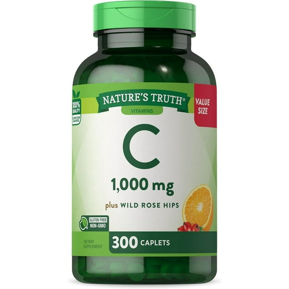 Vitamin C 1000mg with Rose Hips | 300 Caplets | Vegetarian, Non-GMO & Gluten Free Supplement | by Nature's Truth