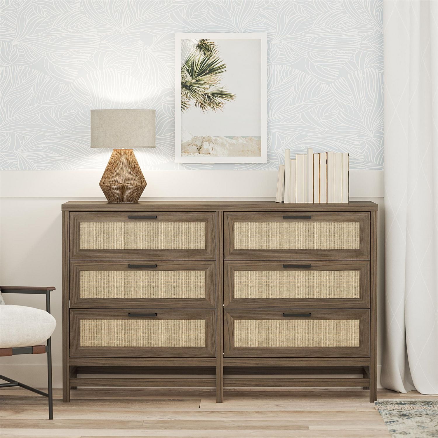 Lennon 6 Drawer Dresser, Medium Brown and Faux Rattan