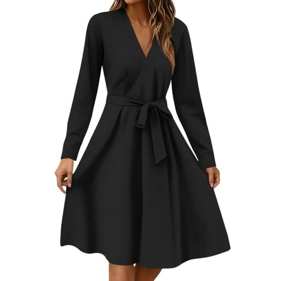 Xyxonk Dresses for Women 2025 Formal Long Sleeve Teacher Dress Winter Tie Waist a Line Dress Office V-Neck Floral Print Dresses Black L