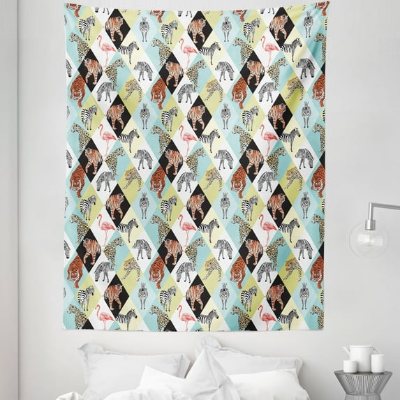 Animals Tapestry, Zebra and Leopard Giraffe Skin Patterns Nature's Boon Seamless Art, Fabric Wall Hanging Decor for Bedroom Living Room Dorm, 5 Sizes, Multicolor, by Ambesonne