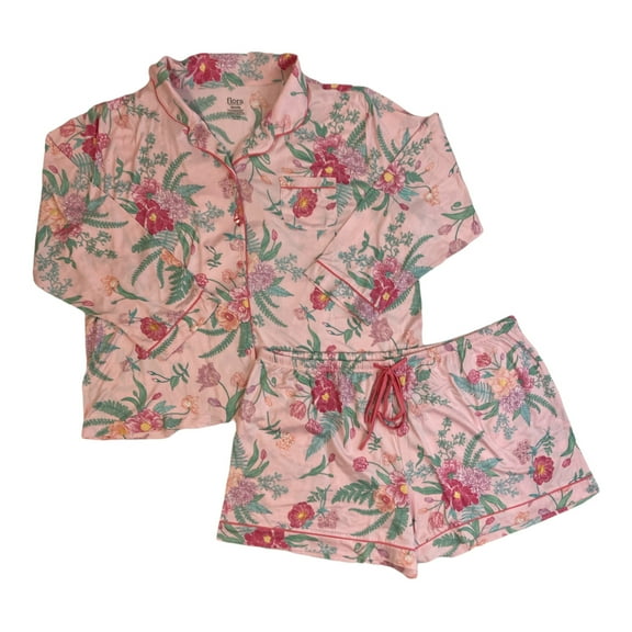 Flora By Flora Nikrooz Notch Collar Long Sleeve With Shorts Pajamas (Pink Floral, XXL)