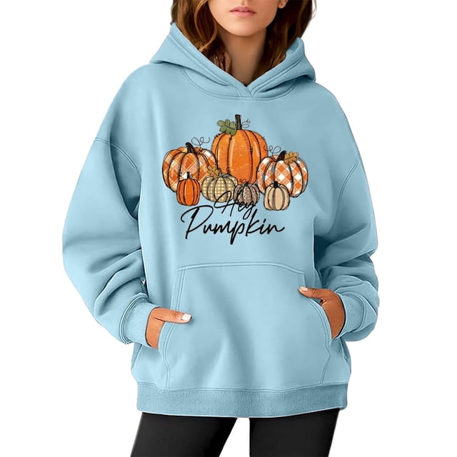 WEAIXIMIUNG Sweat à Capuche pour Femmes, Graphique, Imprimé Citrouille, Manches Longues, Décontracté, avec Poche