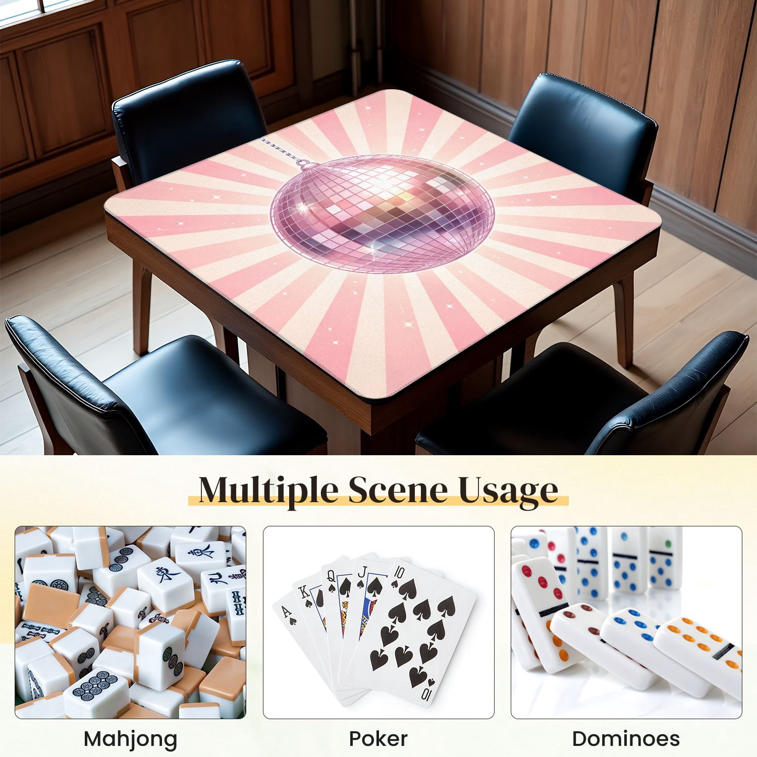 Mahjong Mat 31.5" x 31.5" Pink Sparkling Disco Ball Retro Sunburst Non-Slip Noise Reduction Mahjong Tiles Table Cover for Dominoes Poker Card Board and Tile Games