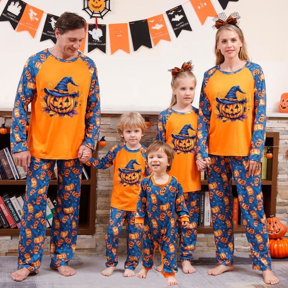 Onlypjs Matching Family Halloween Pajamas Orange Raglan Blue Pumpkin Print Sleepwear Sets Witch Hat Jack O Lantern Loungewear for Adults Women Men 2 Piece