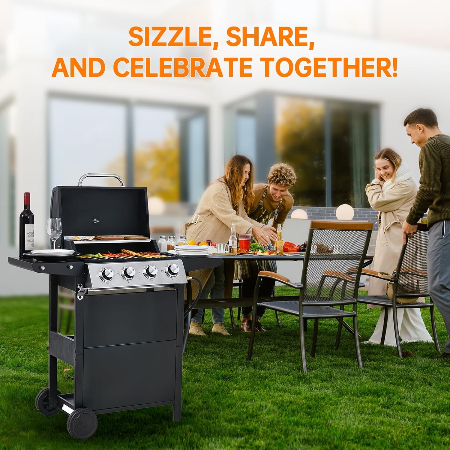 4 Burner Grill Propane Gas Grill, Outdoor Stainless Steel 37230 BTU Patio Garden BBQ Grill with Lid, Wheels for RV Camping Barbecue