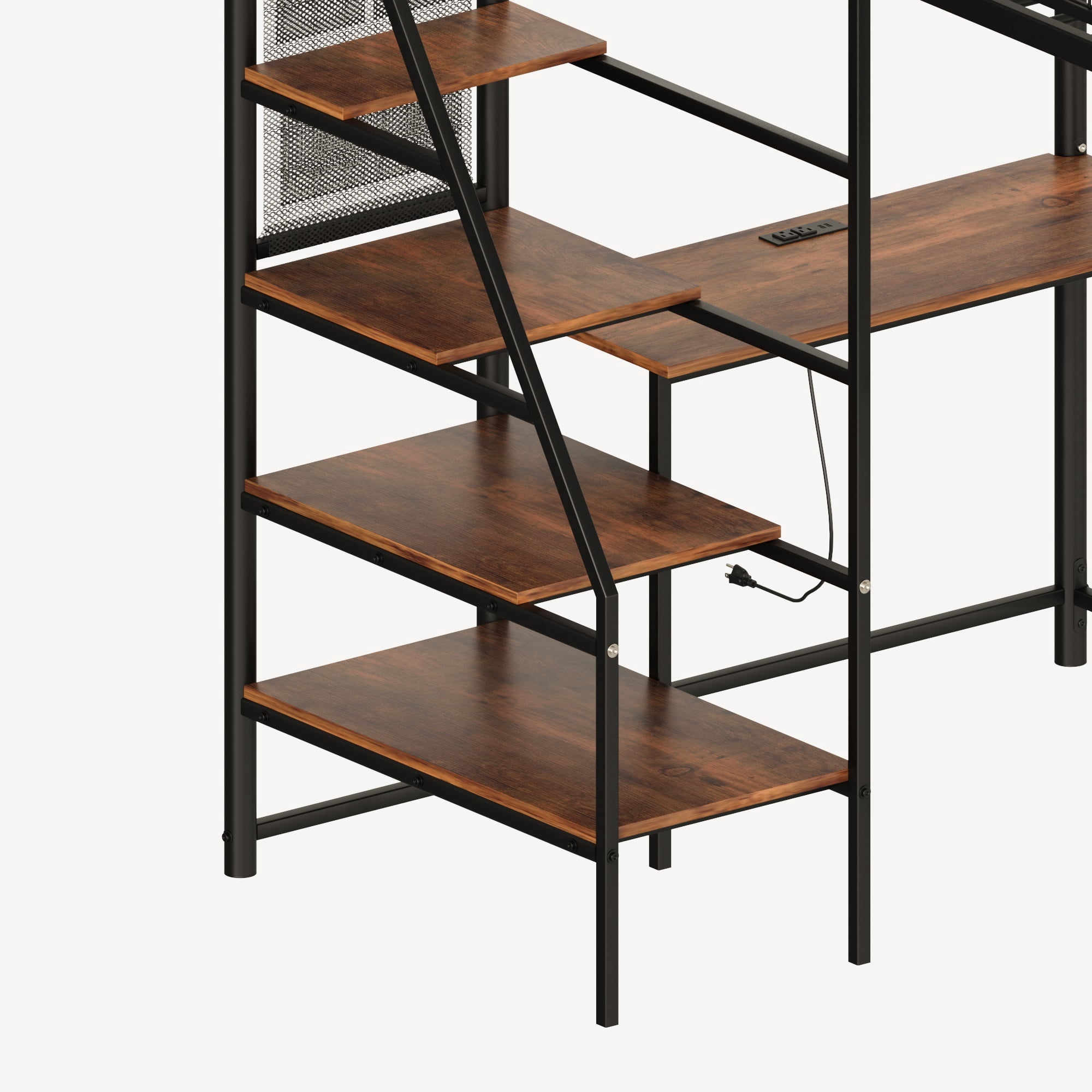 Leumius Full Size Loft Bed with Desk and Storage Stairs,Heavy Duty Metal Bed Frame with LED Lights and Charging Station,Nosie-Free,No Spring Box Needed,Black