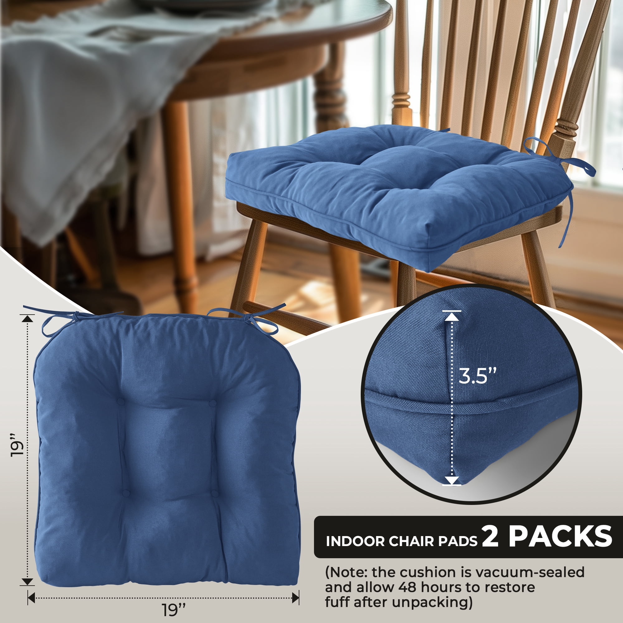 Outdoor Chair Cushions Set of 2, 19" x 19" Square Patio Cushions Patio Chairs Seat Pads Water-Resistant Patio Chair Cushions with Ties for Non-Slip Support, 3.5" Thick, Blue