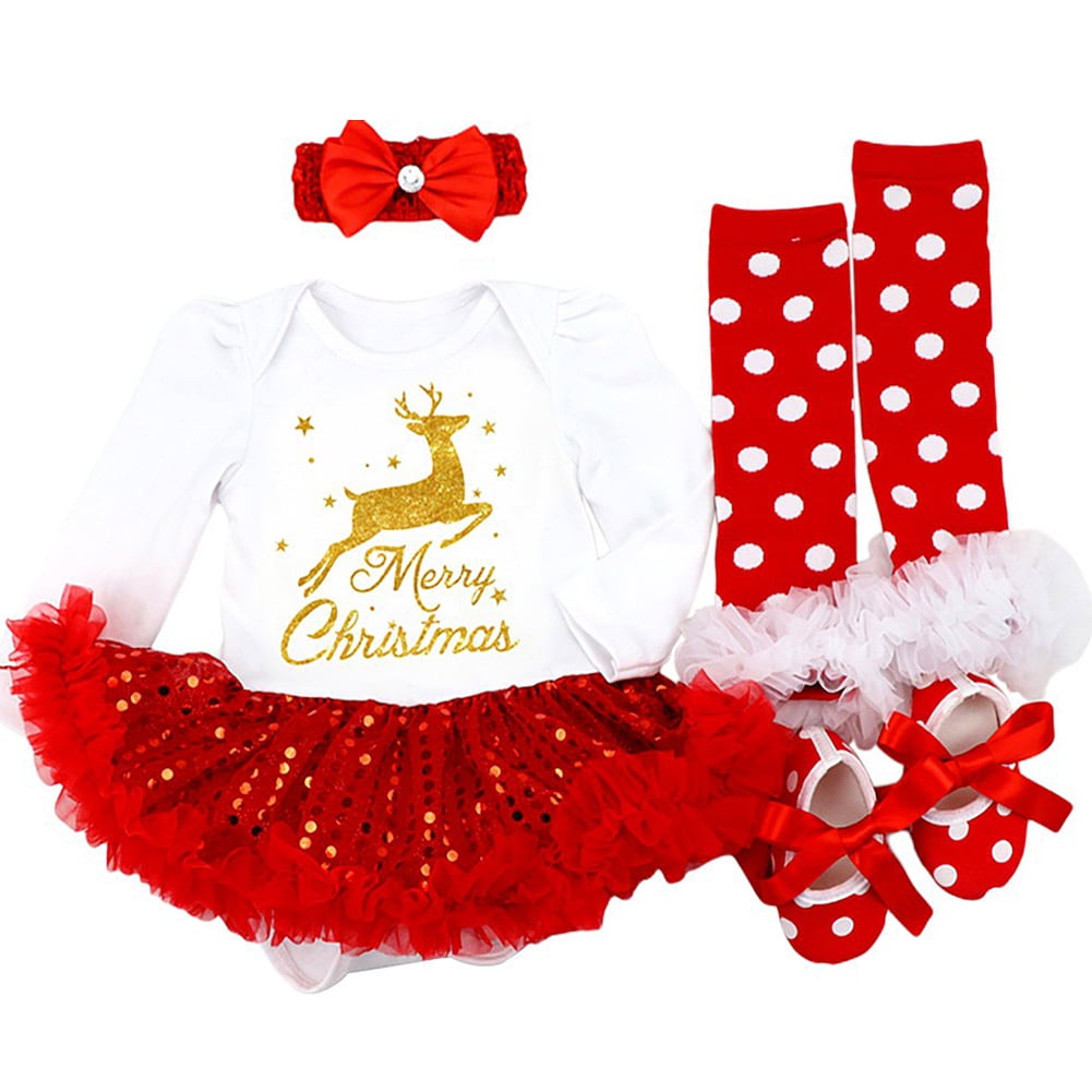 MaBaby 3pcs Baby Girl Sequin Cute Long Sleeve Romper Leg Warmers Hairband Outfits Christmas Costume