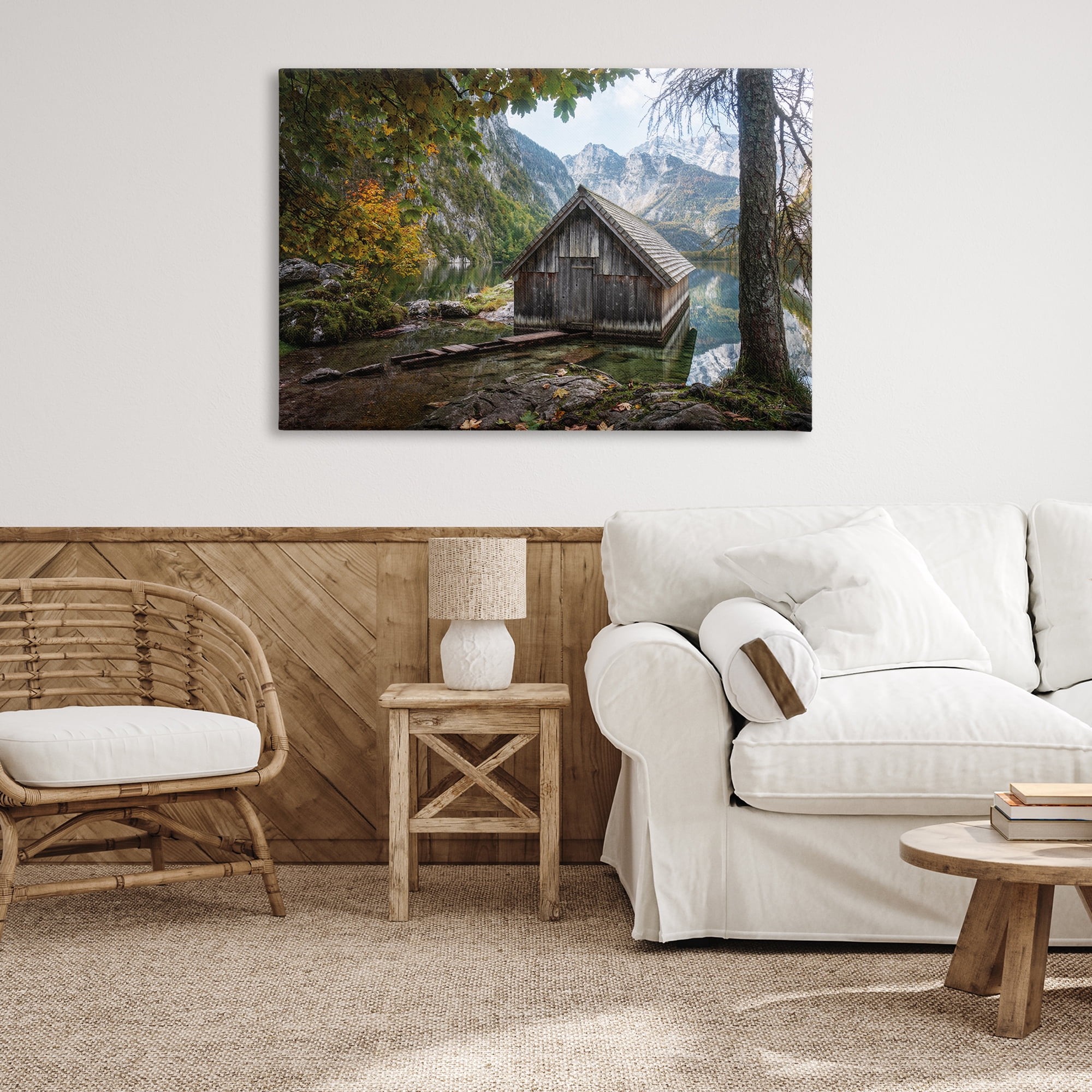 Stupell Industries Mystical Cabin on Lake Landscape & Nature Photography Wrapped Canvas Art Print Wall Art, 45 x 30