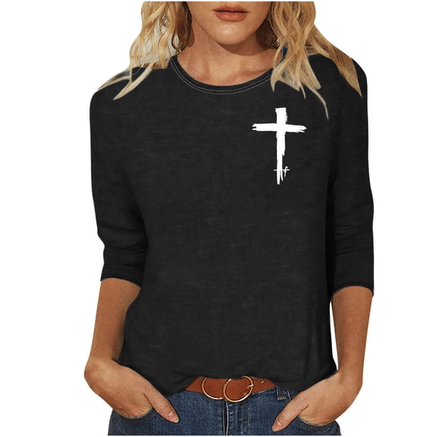 Mujeres Tres Cuartos de Manga Tops Moda Impresa Suelta Casual Cuello Redondo Suéter Blusa con Mangas 3/4, Mezcla de Poliéster para el Uso Diario de Verano