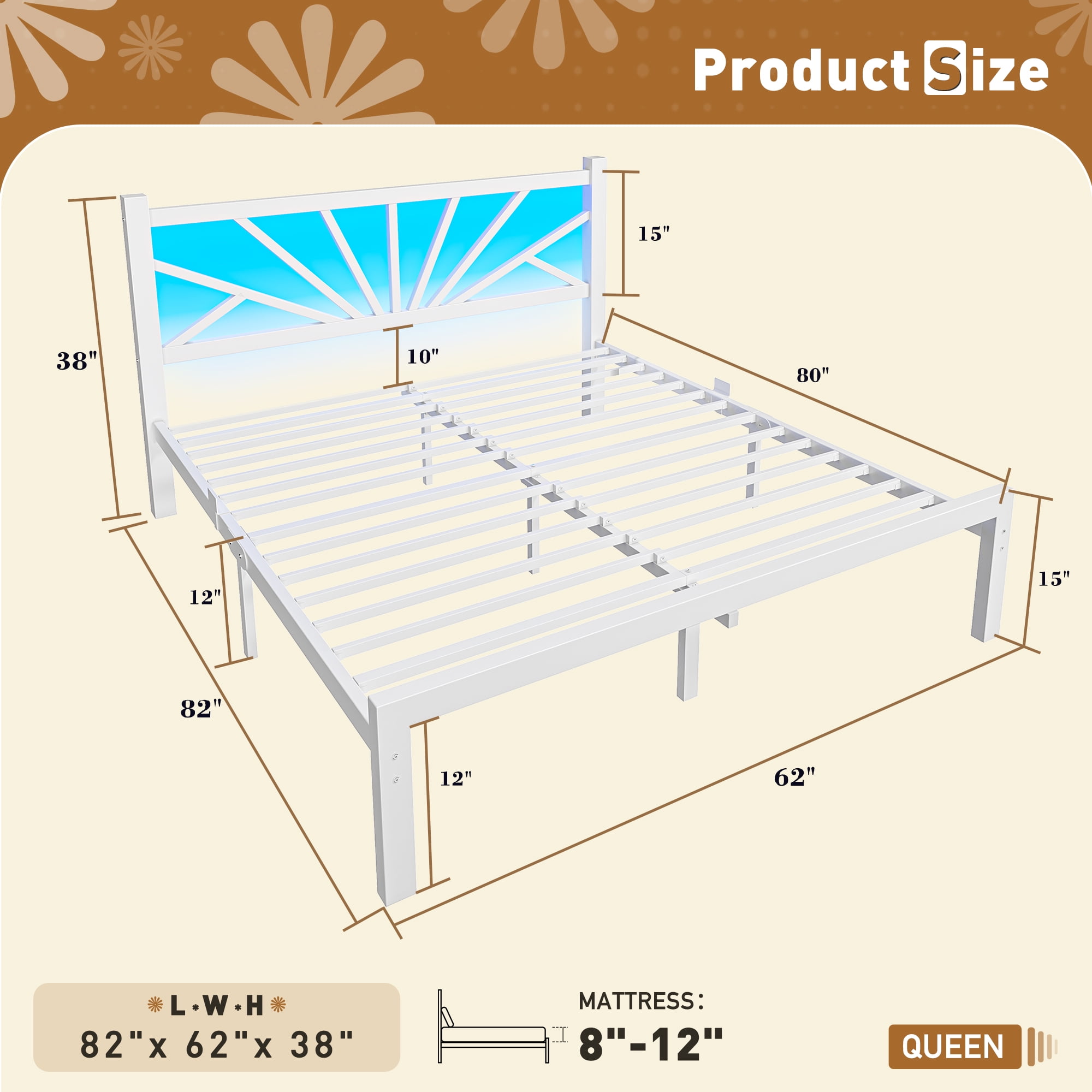EnHomee Queen Size Metal Bed Frame with Headboard Metal Platform Bed Frame with LED Lights Bed Frame Queen with Storage Underbed, Noise Free, No Box Spring,White
