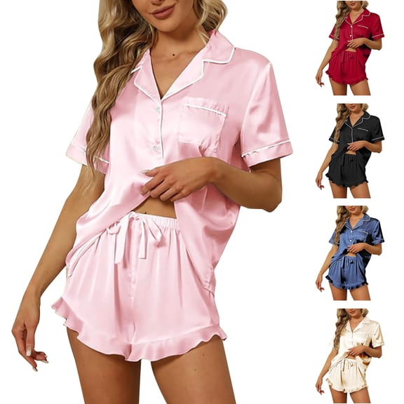 Hrsba Satin Pajamas,Womens Solid Color Short Sleeve V Neck Button Down Shirt Sleepwear Set