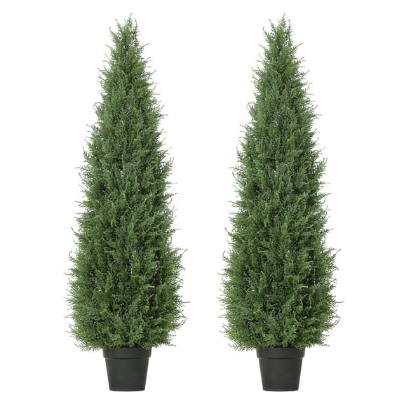 Sunvasagoo Artificial Cedar Trees 2 Pack, UV Resistant Out-/Indoor Decor, Cement Base, 3/4/5FT