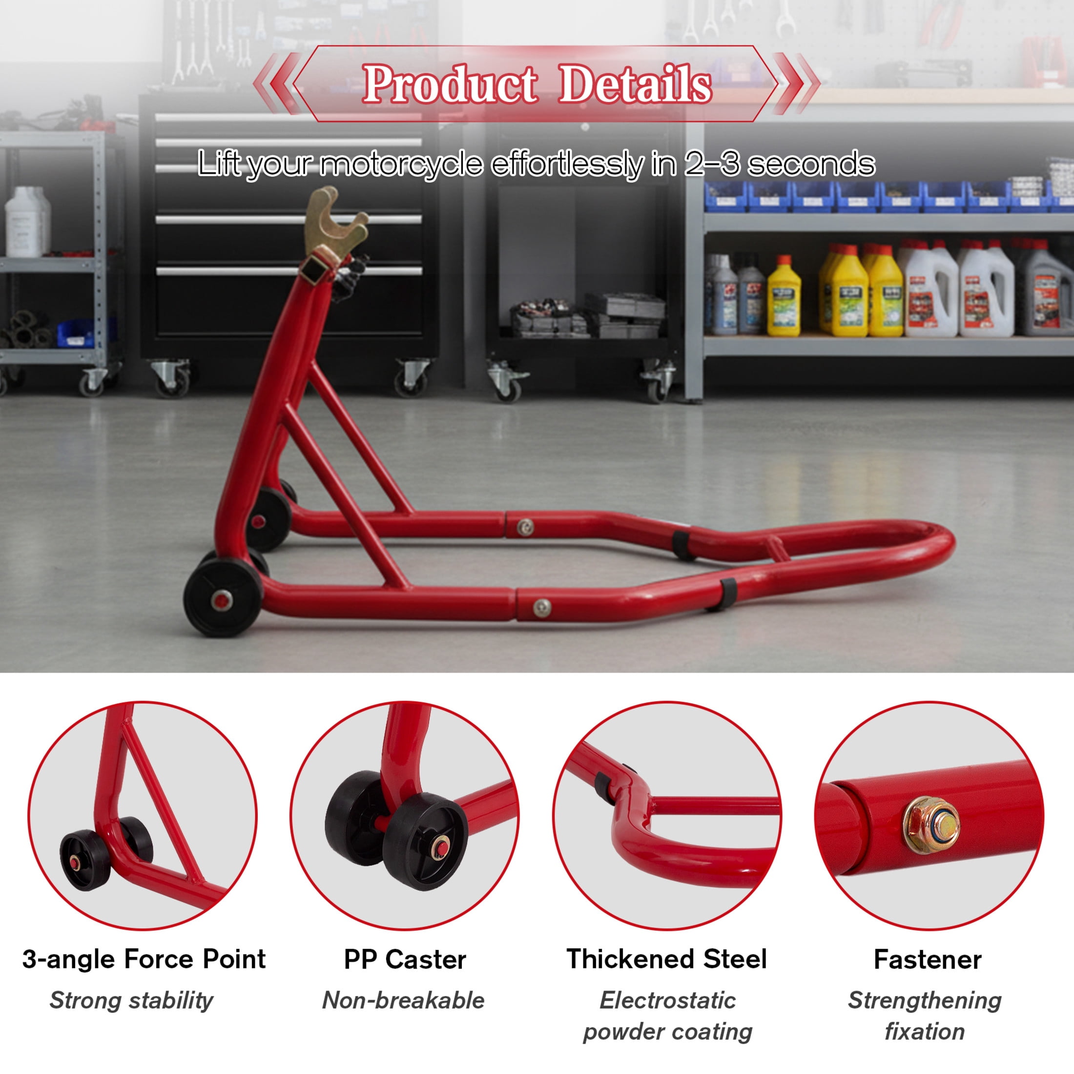 Noble House Universal Motorcycle Front and Rear Lift Stand, Heavy Duty Universal Wheel Paddock Stand, Red