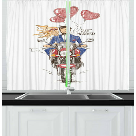 Motorcycle Curtains 2 Panels Set, Sketch of a Married Couple on Bike with Hand Drawn Heart Shaped Balloons Wedding, Window Drapes for Living Room Bedroom, 55W X 39L Inches, Multicolor, by