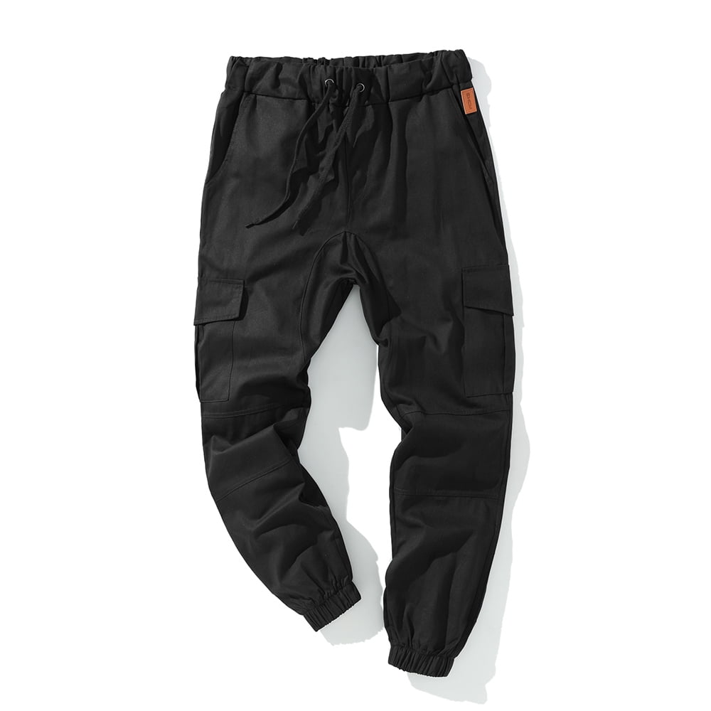 FOCUSNORM Men Solid Color Cargo Trousers, Loose Fit Drawstring Waist Long Pants