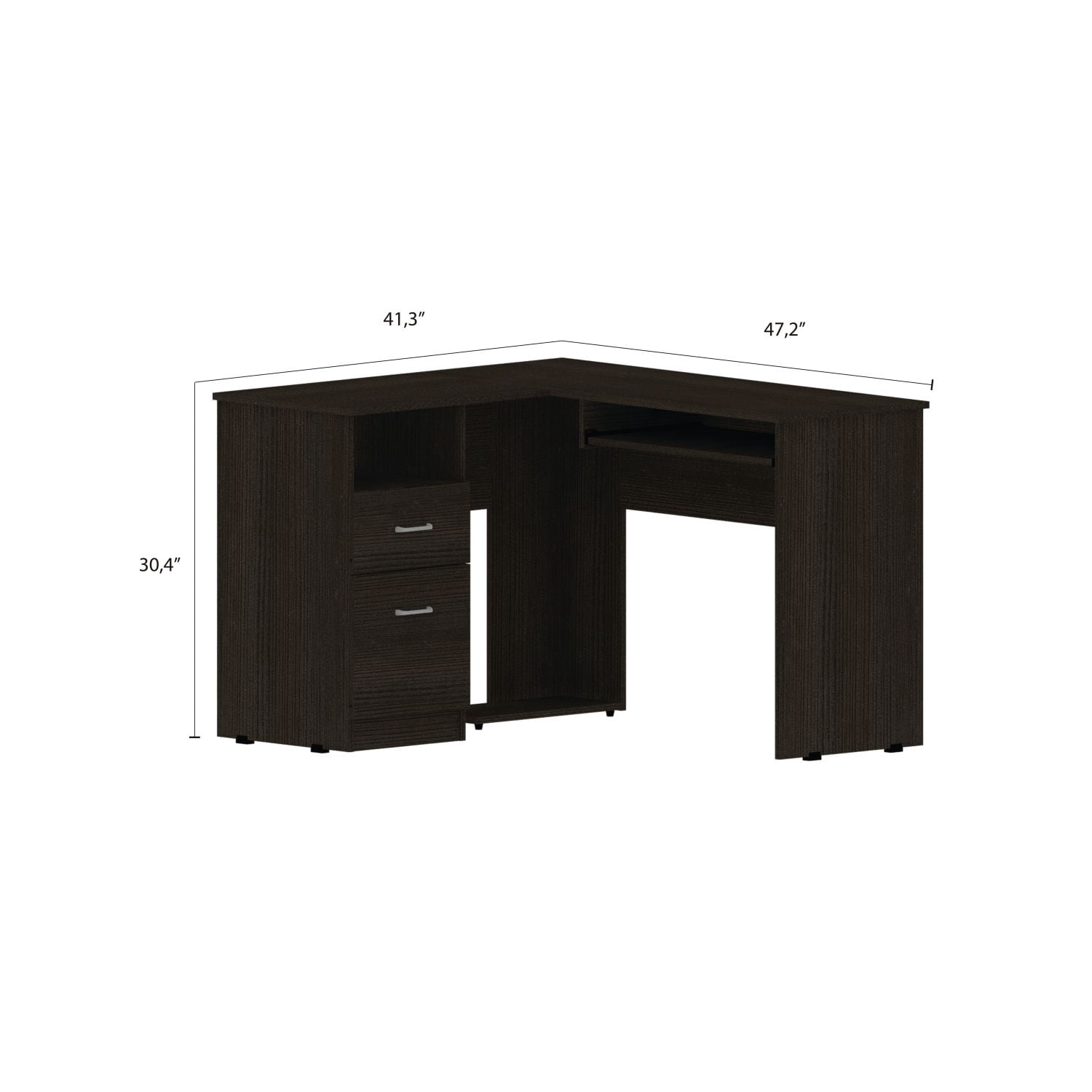 Asteroutdoor L-Shaped Desk with Keyboard Tray, Two Drawers, and Open Shelf, Black