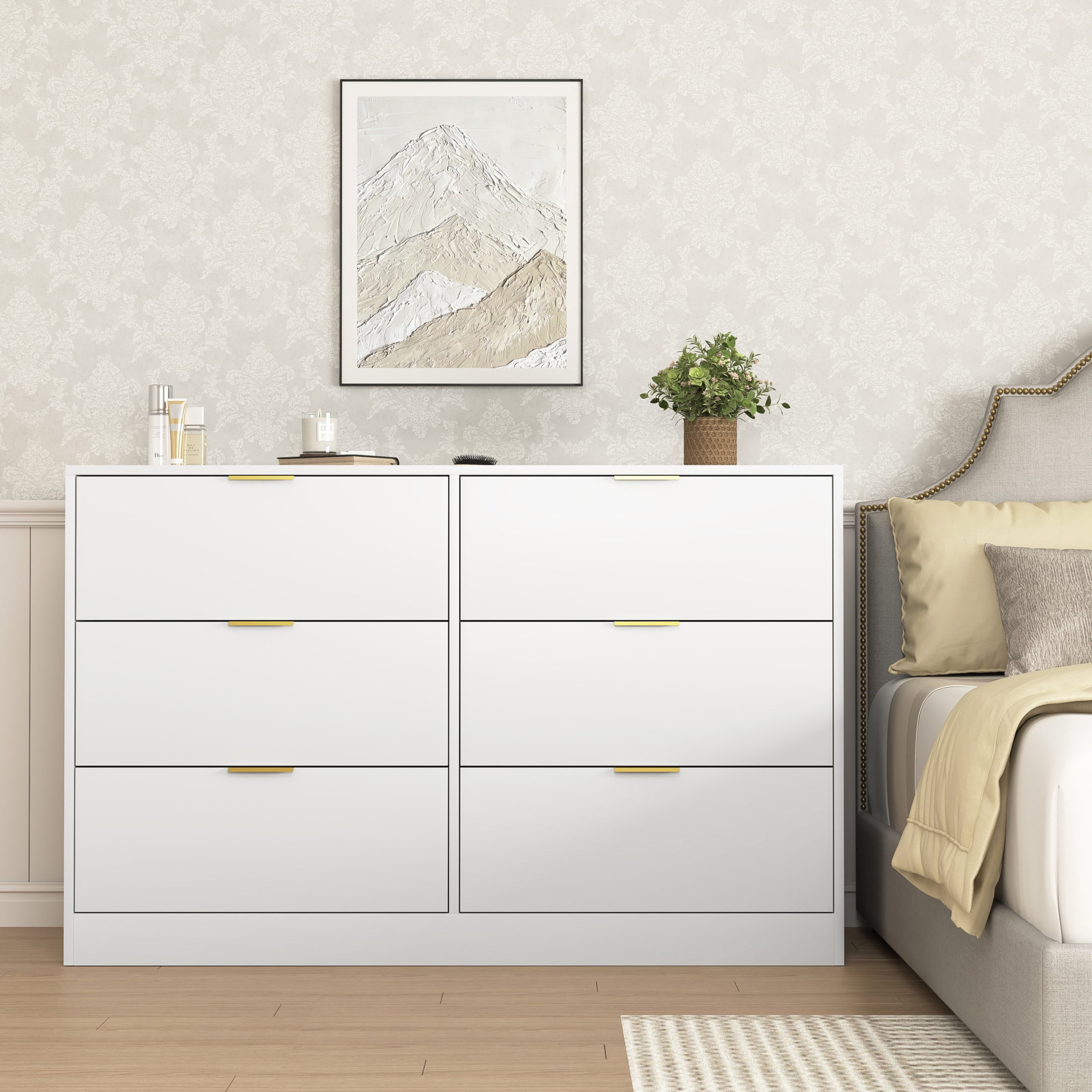 Noble House 6-Drawer Dresser, Wooden Storage Cabinet for Bedroom, Living Room, White