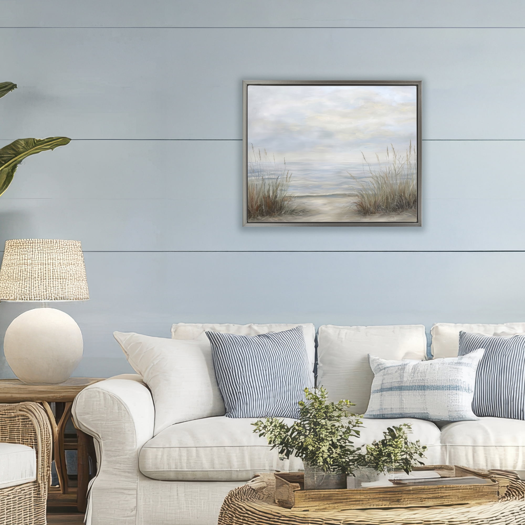 Stupell Industries Silent Beach with Seaside Dunes Gray Framed Floater Canvas Wall Art, design by Petal Prints Design